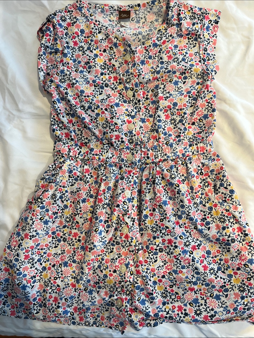 Tea Collection White Floral Romper with Navy, Pink & Yellow Accents